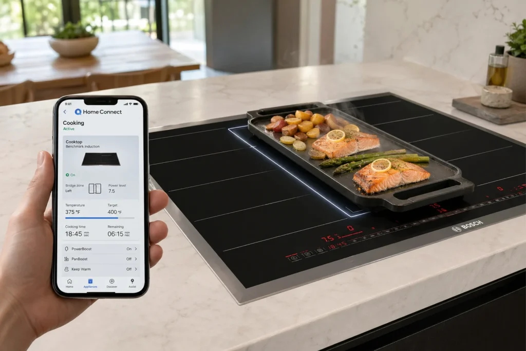 Bosch Benchmark 36-inch induction cooktop with FlexInduction bridge zones and Home Connect WiFi - 1.7% service rate, remote monitoring, and auto hood sync via smartphone app