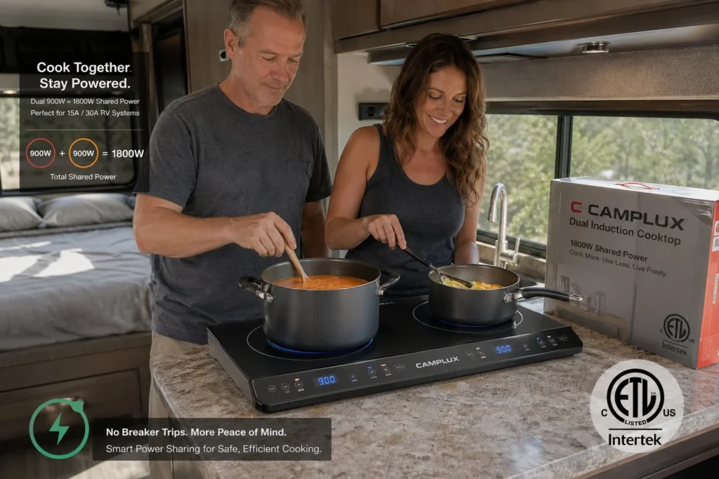 CAMPLUX RV dual-burner induction cooktop 1800W shared - both zones together never exceed 15-amp circuit limit, ETL certified for RV use with countertop or built-in installation