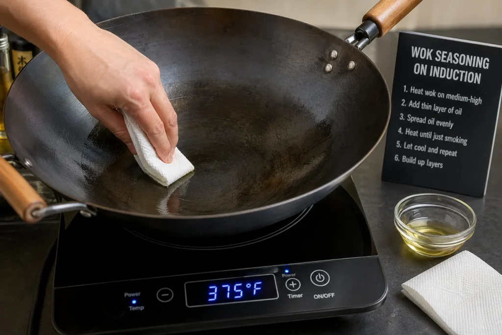 Carbon steel wok first-time seasoning on induction cooktop - thin oil layer applied before heating to polymerization temperature, induction's precise control prevents accidental oil burning