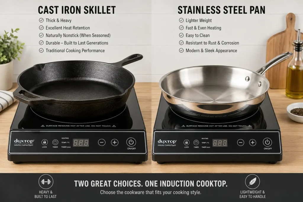 Cast iron vs stainless steel on Duxtop induction cooktop - cast iron wins on heat retention and magnetic compatibility, stainless steel is lighter for everyday use