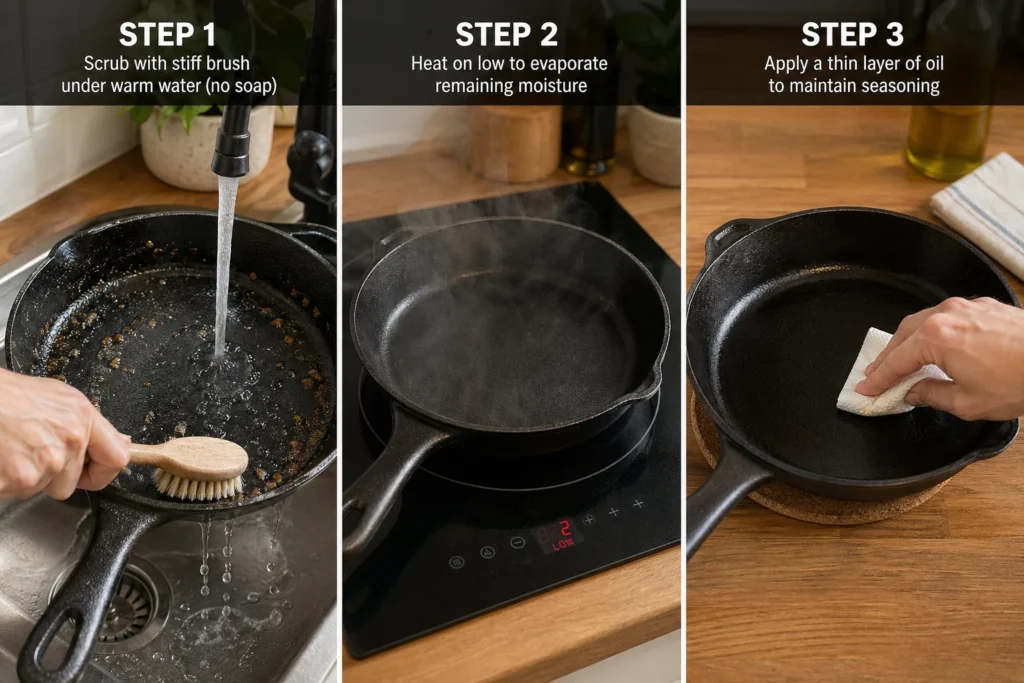 Cast iron post-cook cleaning routine for induction use - stiff brush with warm water removes food residue, low induction heat evaporates moisture completely, micro-thin oil coat preserves seasoning layer