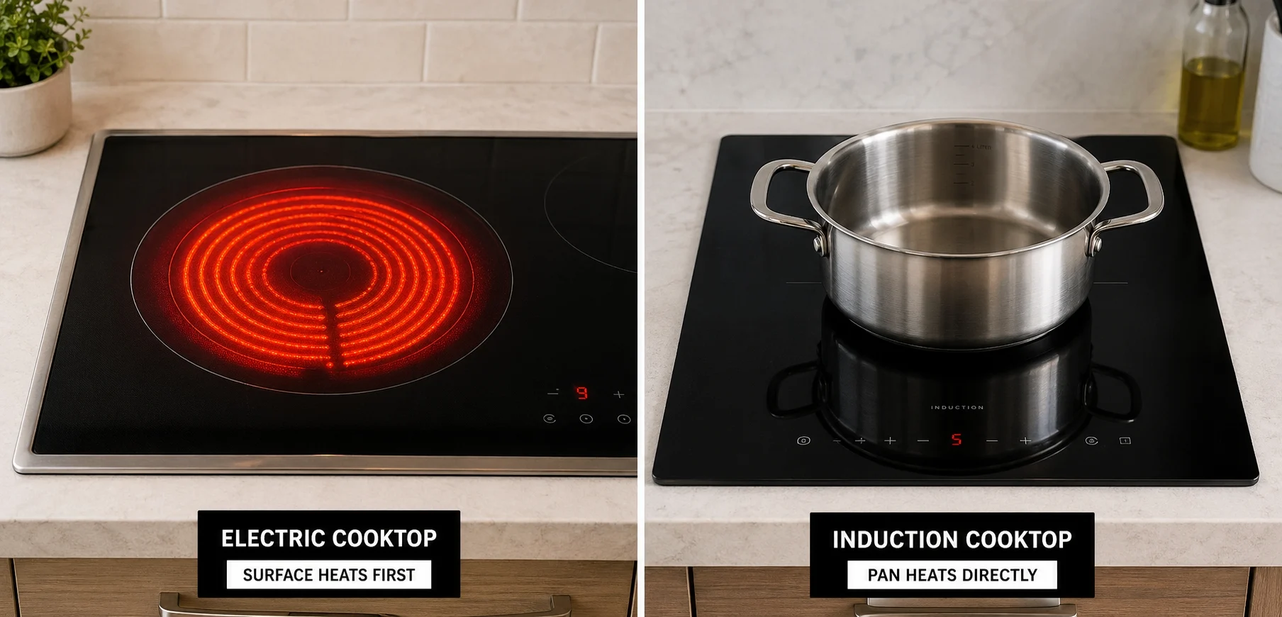 Induction vs electric cooktop comparison - radiant electric heats glass surface first then cookware, induction heats cookware directly via electromagnetic field leaving surface cool