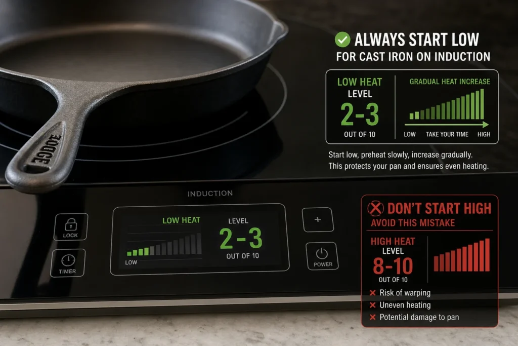 Cast iron on induction preheat protocol - always start at low setting 2-3 and increase gradually over 4-5 minutes, induction delivers energy almost instantaneously creating thermal stress risk in cold cast iron at high settings