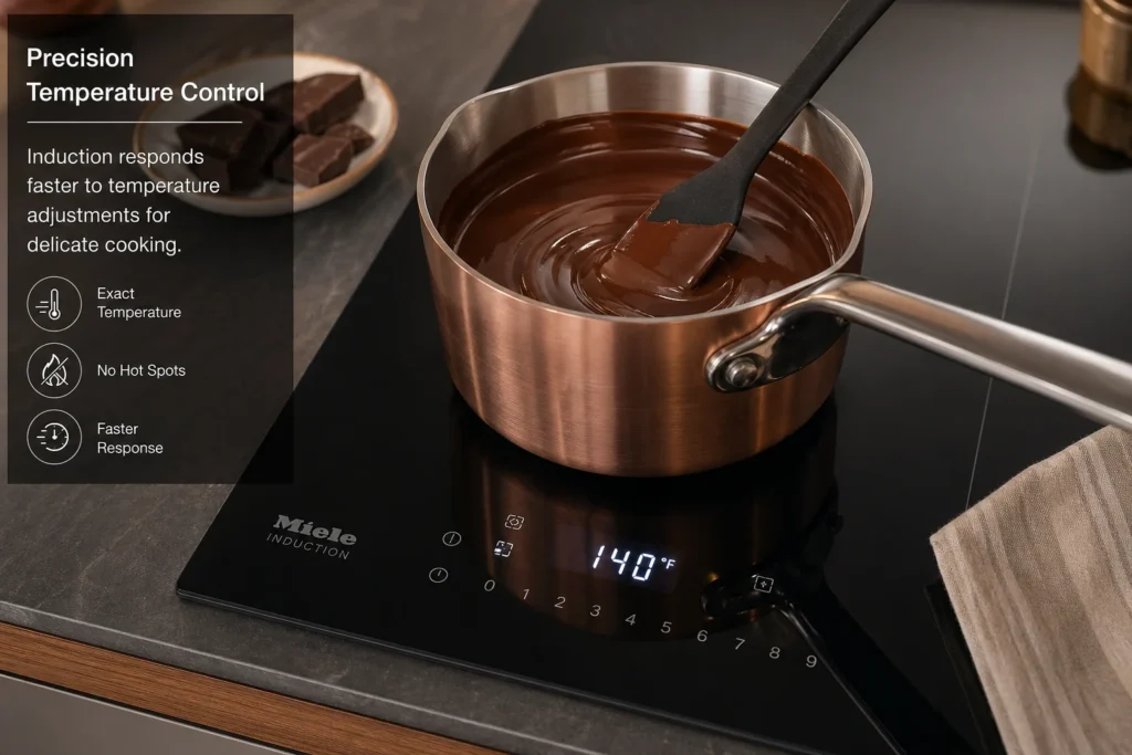 Induction cooktop precise temperature control for delicate cooking - faster response when lowering heat prevents scorching sauces and chocolate unlike electric which retains heat longer