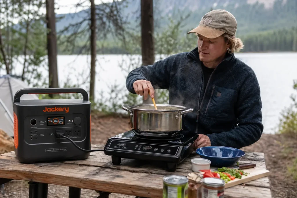Duxtop portable induction cooktop for RV and camping use - works with 120V portable power station, no fumes and auto shut-off when pan removed