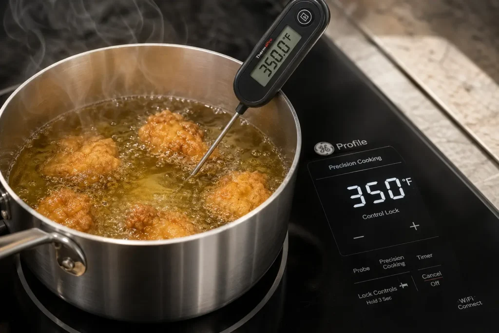 GE Profile Precision Temperature Control - maintains exact cooking temperatures from 100F to 500F for chocolate tempering, candy making and deep frying