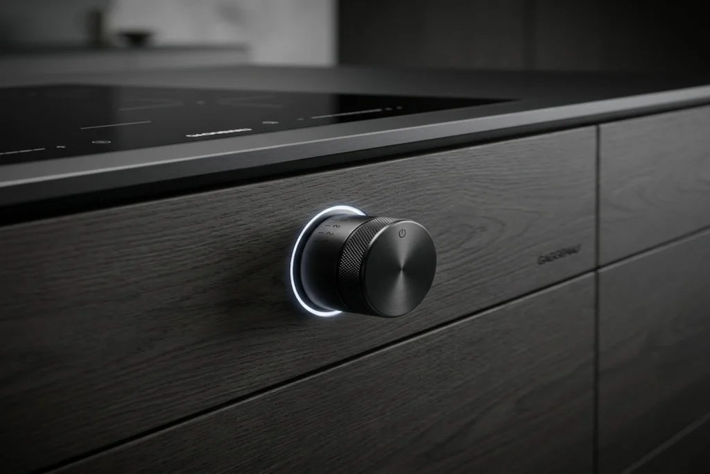 Gaggenau 400 Series front-mounted precision control knob integrated through cabinetry face - design feature unique to Gaggenau with no visible controls on the cooking surface itself