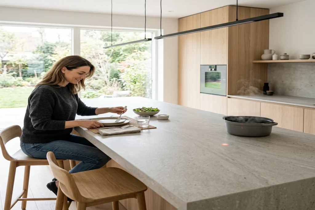 Gaggenau Essential Induction - induction modules embedded beneath continuous Dekton stone worktop with only LED dot visible, transforming kitchen island into seamless architectural surface