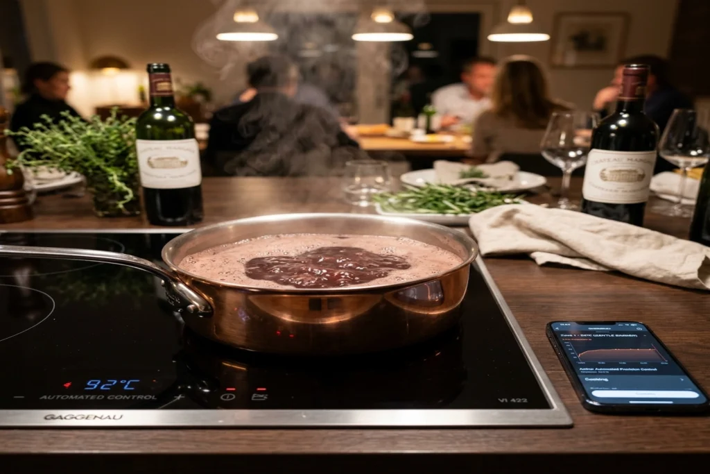 Gaggenau cooking sensor function - real-time thermal monitoring automatically adjusts power to prevent boil-overs and maintain precise simmer temperatures for stocks, sauces and custards