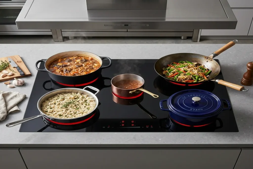 Gaggenau full-surface zoneless induction cooktop with pan memory - up to 6 pans placed freely anywhere on surface, each tracked individually with settings retained when moved