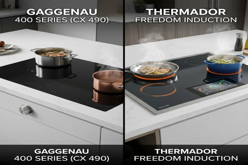 Gaggenau versus Thermador induction cooktop comparison - both offer full-surface zoneless cooking but Gaggenau adds pan memory, Professional mode and flush-mount front-knob design at 30-40% higher price