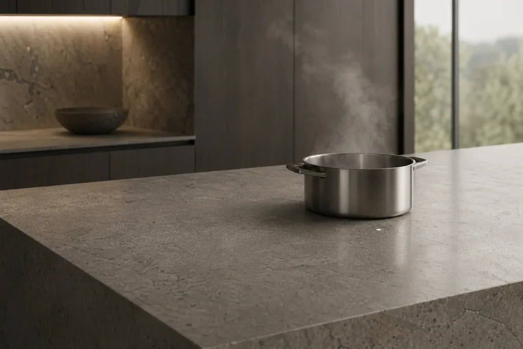 Gaggenau Essential Induction in Dekton stone worktop - induction modules invisible beneath continuous stone surface, only LED indicator dot visible, the ultimate expression of kitchen minimalism