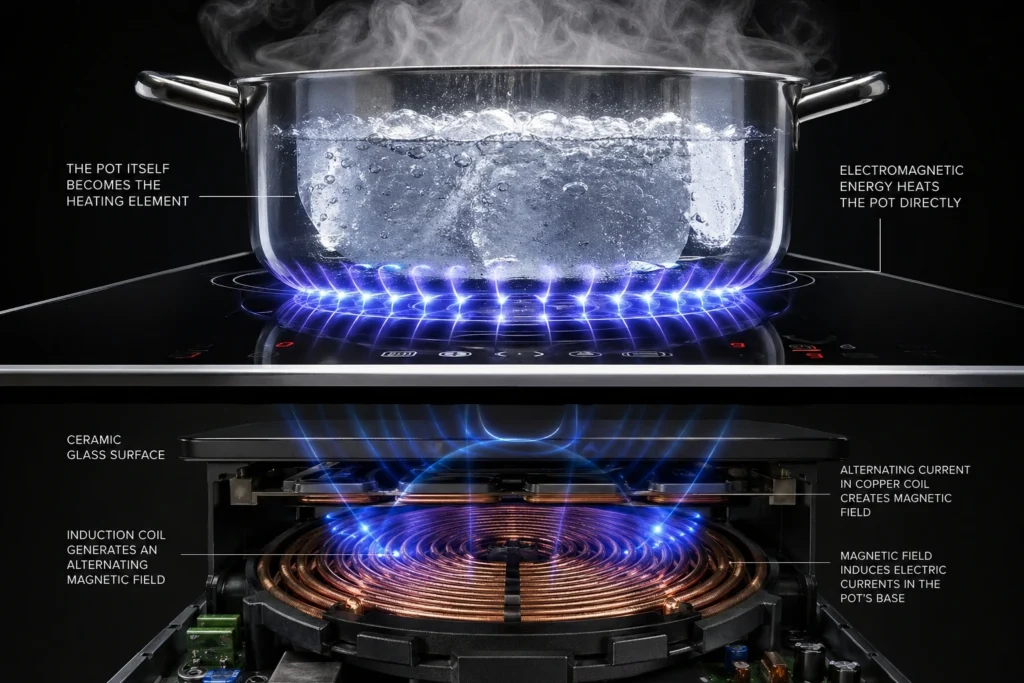 How induction cooktops work - copper coils generate electromagnetic field that heats cookware directly through eddy currents