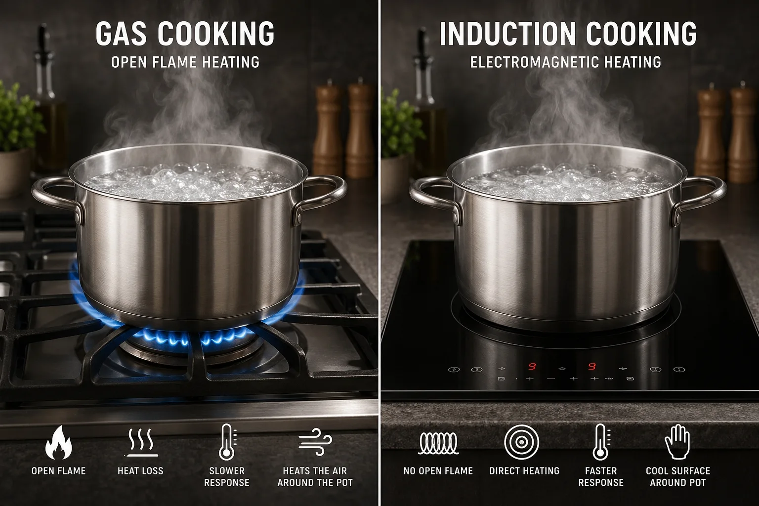 Induction vs gas cooktop comparison - gas uses open flame heating pan and surrounding air, induction uses electromagnetic energy heating cookware directly with no flame