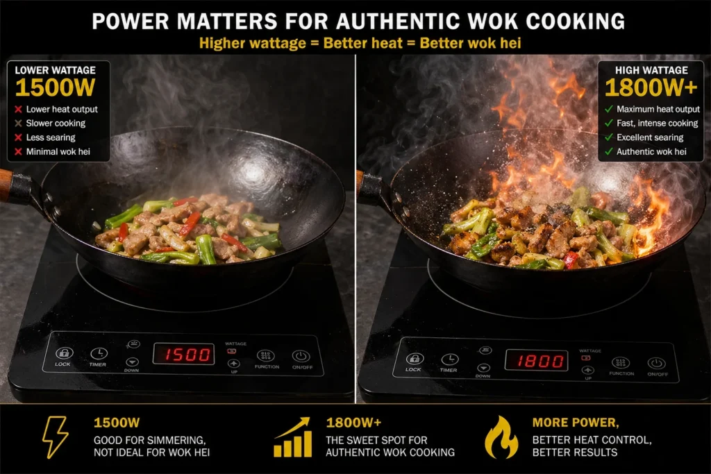 Induction cooktop wattage for wok cooking - minimum 1800W recommended for stir-frying, 2200W+ for sustained high-heat searing, carbon steel's fast heat response compensates for lower wattage