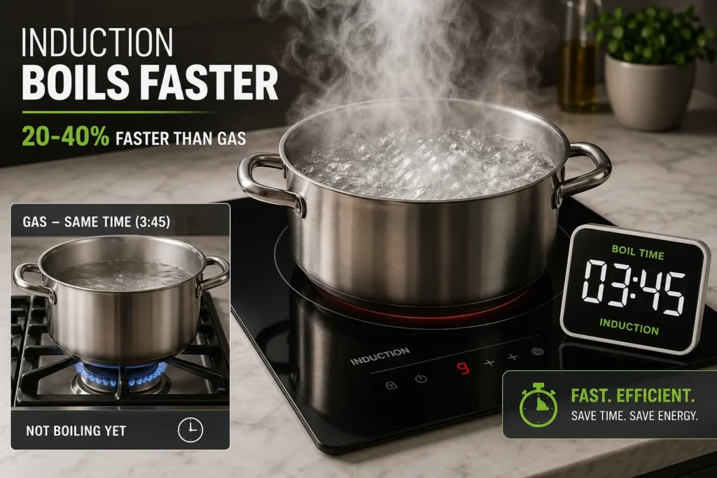 Induction cooktop boils water 20-40% faster than gas - CNET test showed 5 minutes vs 8 minutes, CHOICE found 2:19 vs 4+ minutes for one liter of water