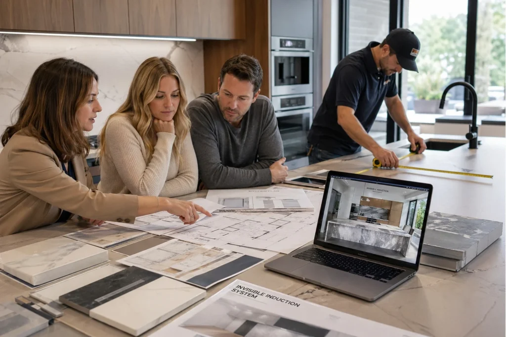 Invisible induction cooktop renovation planning - system purchase involving cooktop modules, compatible countertop fabrication and professional installation typically totaling $5000-8000 all-in