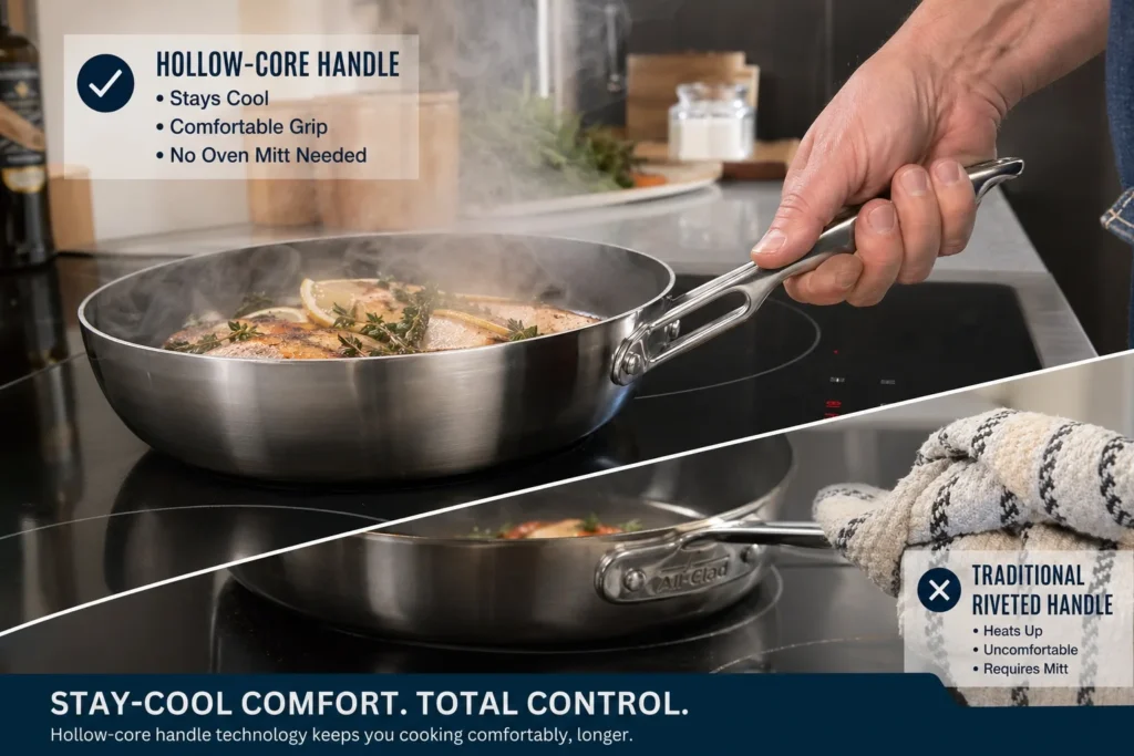 Made In Stainless Clad hollow-core Stay Cool Handle remains gripable bare-handed after 20 minutes at medium-high induction heat, unlike solid stainless handles that require oven mitts after 12-15 minutes