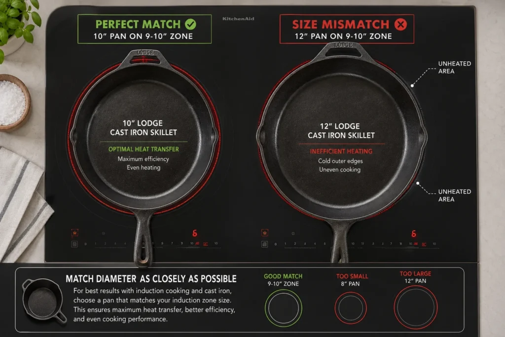 Cast iron pan to induction burner size matching - 10-inch skillet aligned with 9-10 inch zone heats evenly, larger pan overhanging smaller zone creates hot center and cool edges reducing sear quality