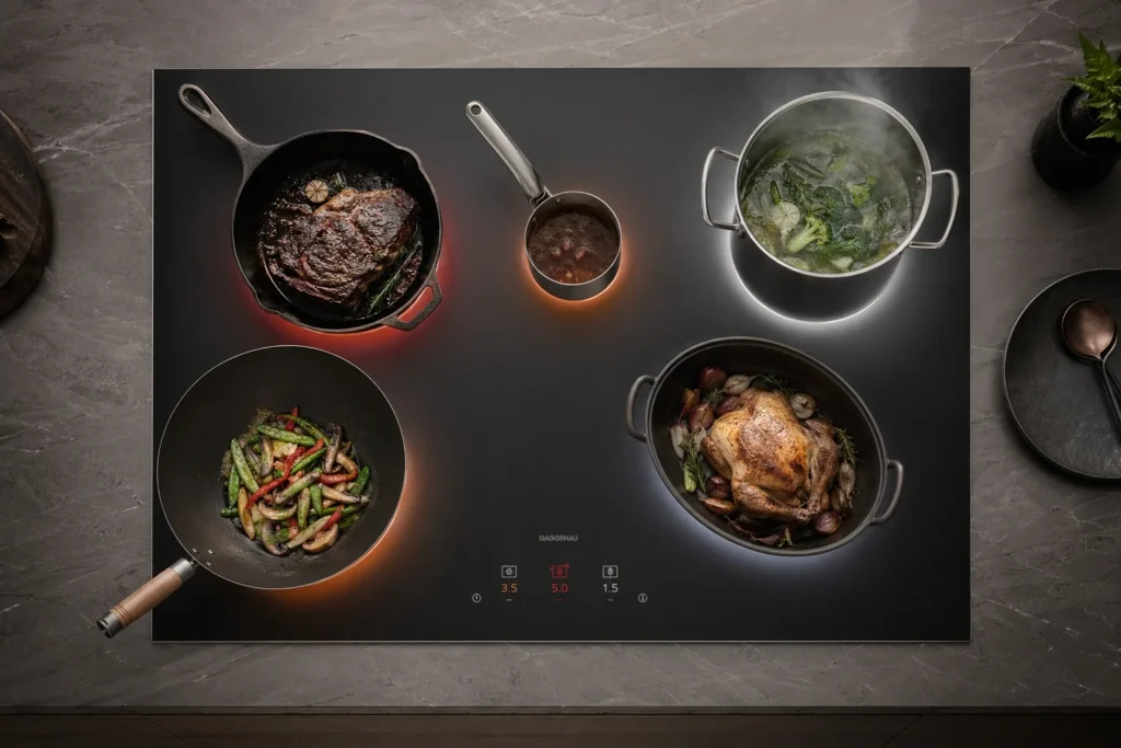Gaggenau CX490 full-surface induction pan memory function - pans placed anywhere retain power settings when moved, mirroring professional kitchen flat-top workflow