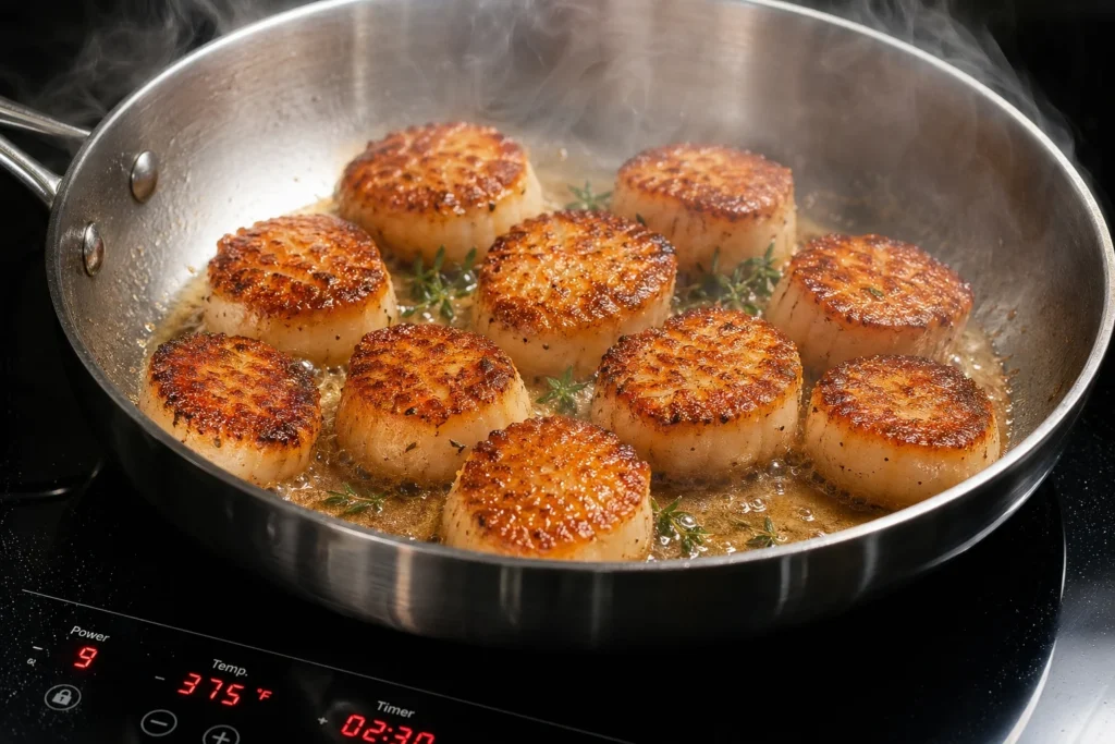 Even heat distribution result on 5-ply stainless steel induction cookware - uniform golden-brown Maillard crust with no pale or burned patches, achievable with All-Clad D5's ±8°F variance versus inconsistent sear from budget 3-ply sets at ±19°F