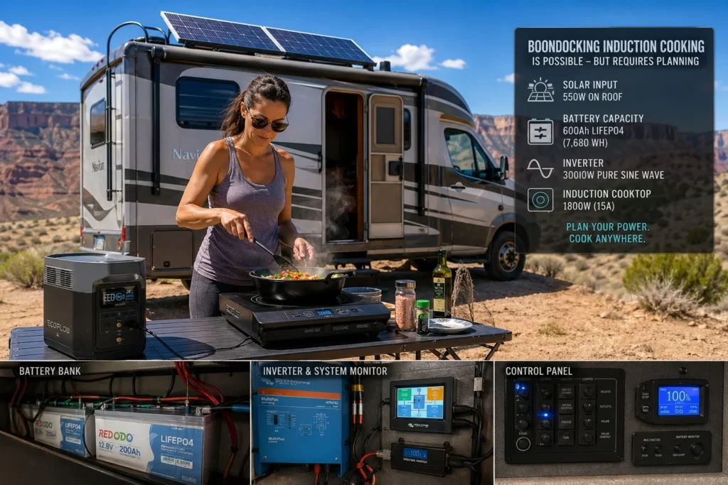 RV induction cooktop boondocking off-grid - requires 200+ Ah lithium battery and 400W+ solar array for meaningful daily cooking use without shore power hookup