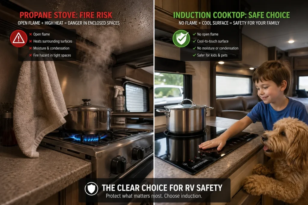 RV induction versus propane safety comparison - induction eliminates combustion gas leak risk, open flame, and hot surface burns in confined living space with automatic cookware detection shutoff