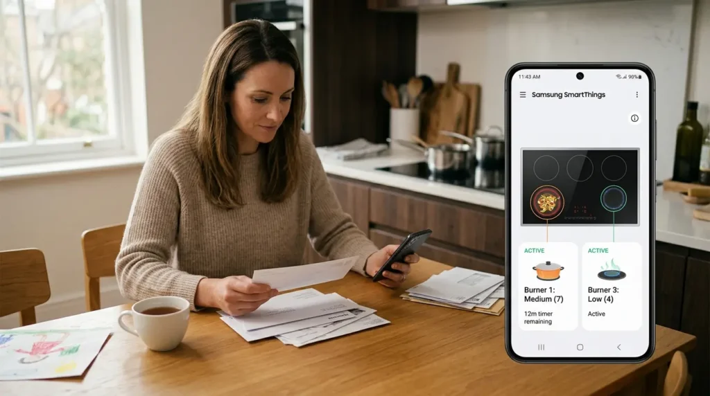 Samsung induction cooktop SmartThings app WiFi - monitor cooktop status, check if left on, and adjust timer settings remotely via iOS and Android