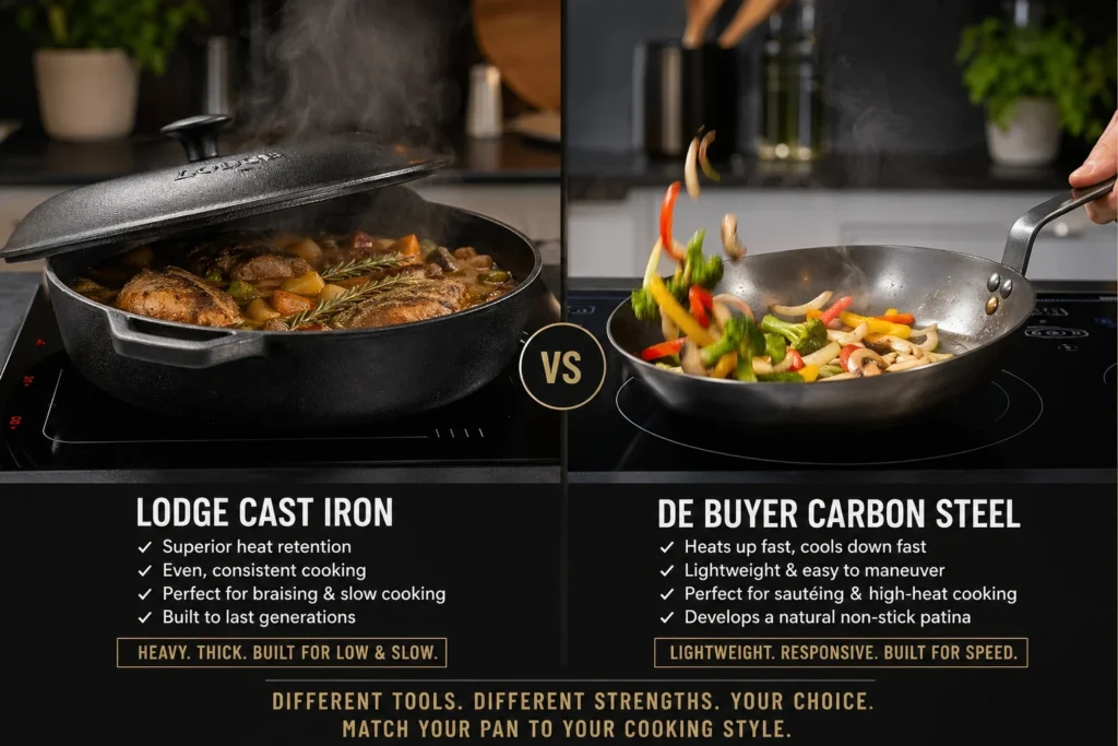 Cast iron versus carbon steel for induction cooking - cast iron wins on heat retention for braising and searing large proteins, carbon steel wins on heating speed and maneuverability for stir-frying and quick sautéing