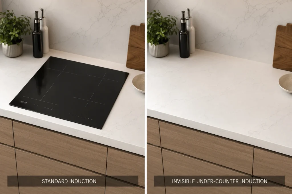 Standard induction hob versus invisible induction cooktop comparison - standard hob sits visibly on countertop with defined zones, invisible version hides below continuous slab for architectural integration at higher cost and complexity