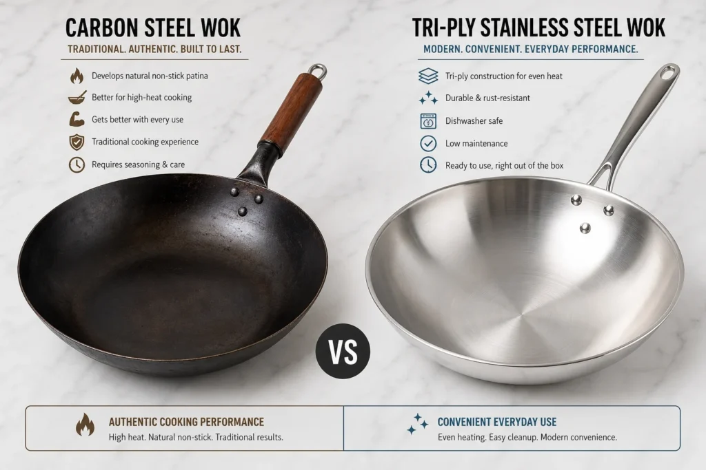 Carbon steel versus stainless steel wok comparison - carbon steel develops natural nonstick patina and achieves wok hei, stainless steel offers easier maintenance and dishwasher compatibility