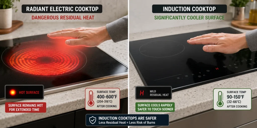 Electric cooktop stays dangerously hot after cooking while induction surface cools quickly - radiant element retains heat creating burn risk, induction glass only warms from pan contact