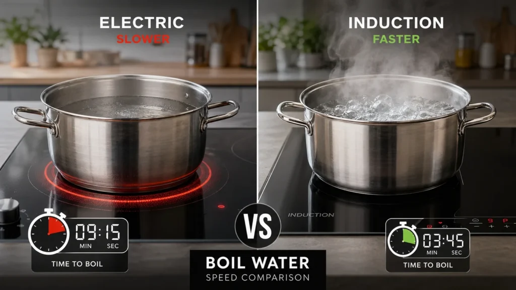 Induction cooktop heats faster than electric - direct electromagnetic heating brings water to boil significantly faster than radiant electric which must first heat the cooking surface