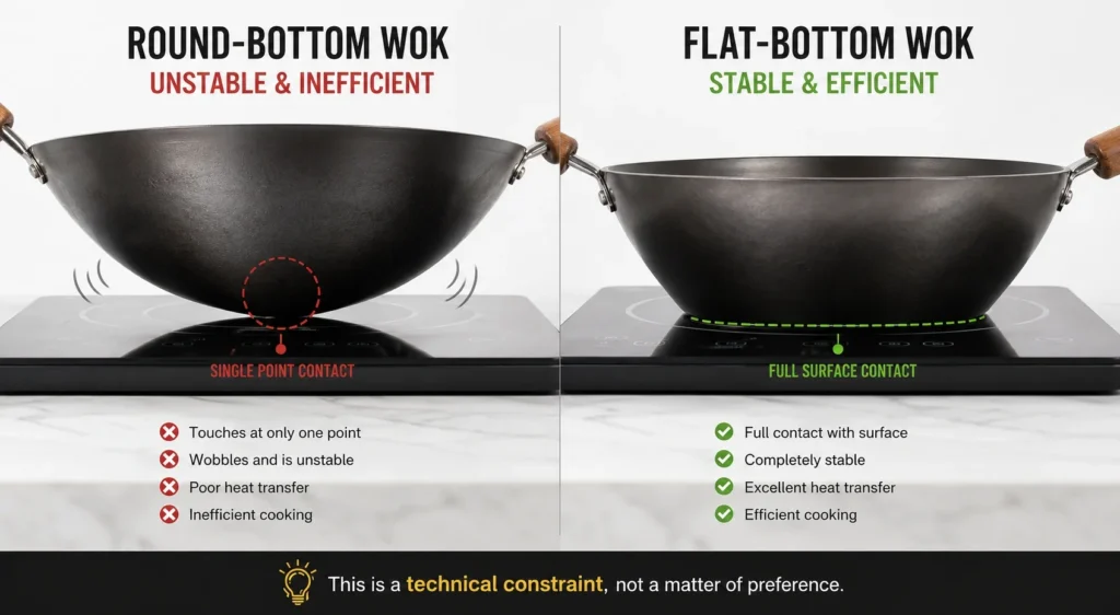 Round-bottom versus flat-bottom wok on induction cooktop - round-bottom makes contact only at single curved ring causing uneven heating and safety hazard, flat-bottom provides full electromagnetic contact