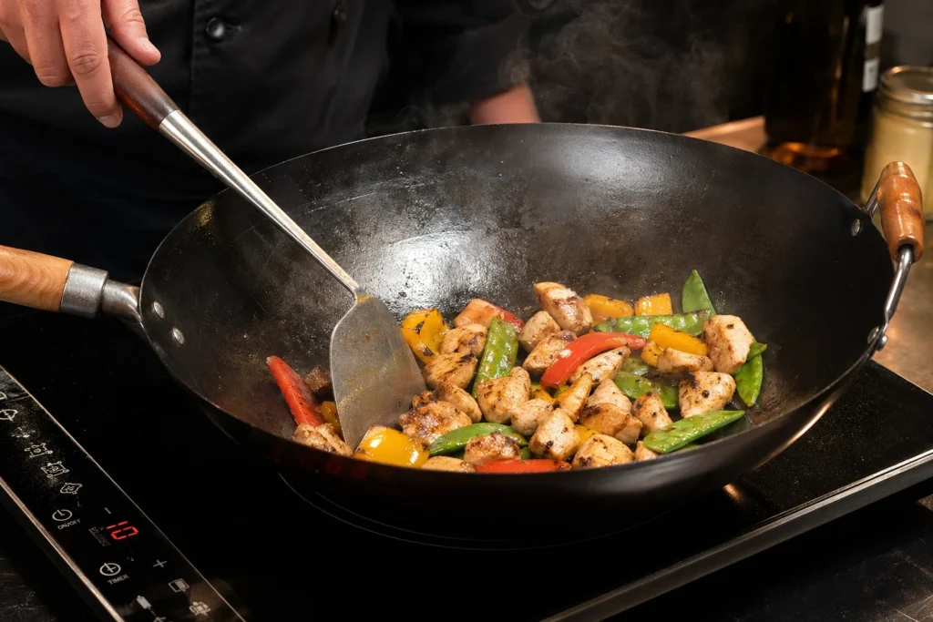 Wok hei technique on induction cooktop - small batch cooking in single layer maximizes Maillard reaction intensity, large batches drop surface temperature eliminating char opportunity