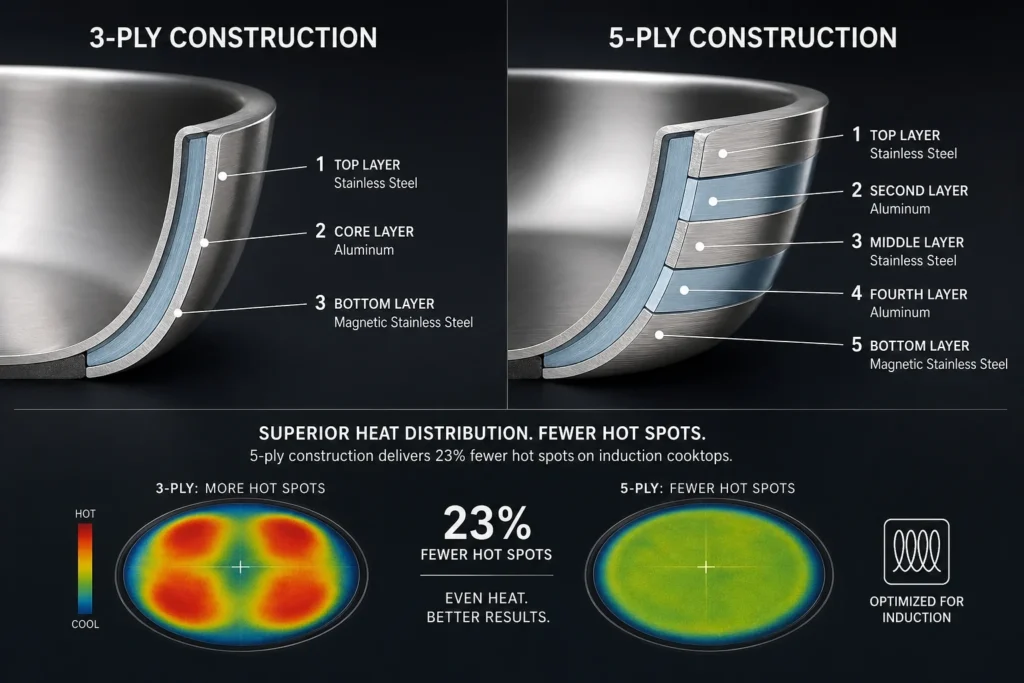 3-ply versus 5-ply stainless steel induction cookware construction - five layers of bonded stainless and aluminum deliver 23% fewer hot spots than three-layer sets according to Reviewed Underscored 2024 testing