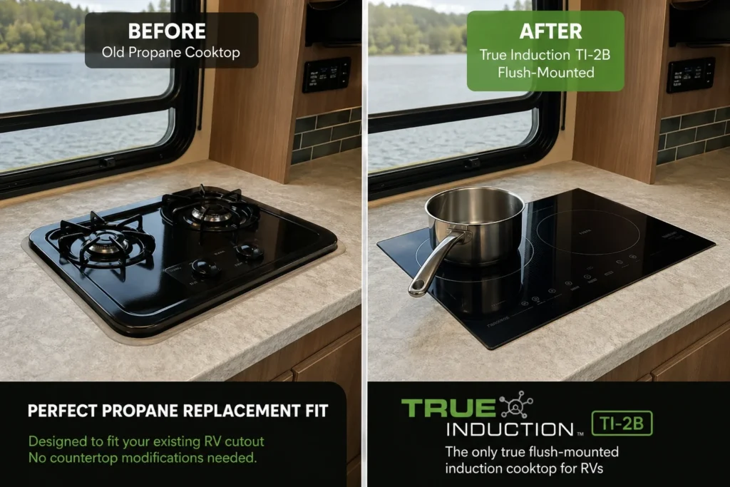 True Induction TI-2B counter inset dual-burner induction cooktop - drops into standard two-burner propane cutout for seamless RV galley upgrade, flush with surrounding counter surface