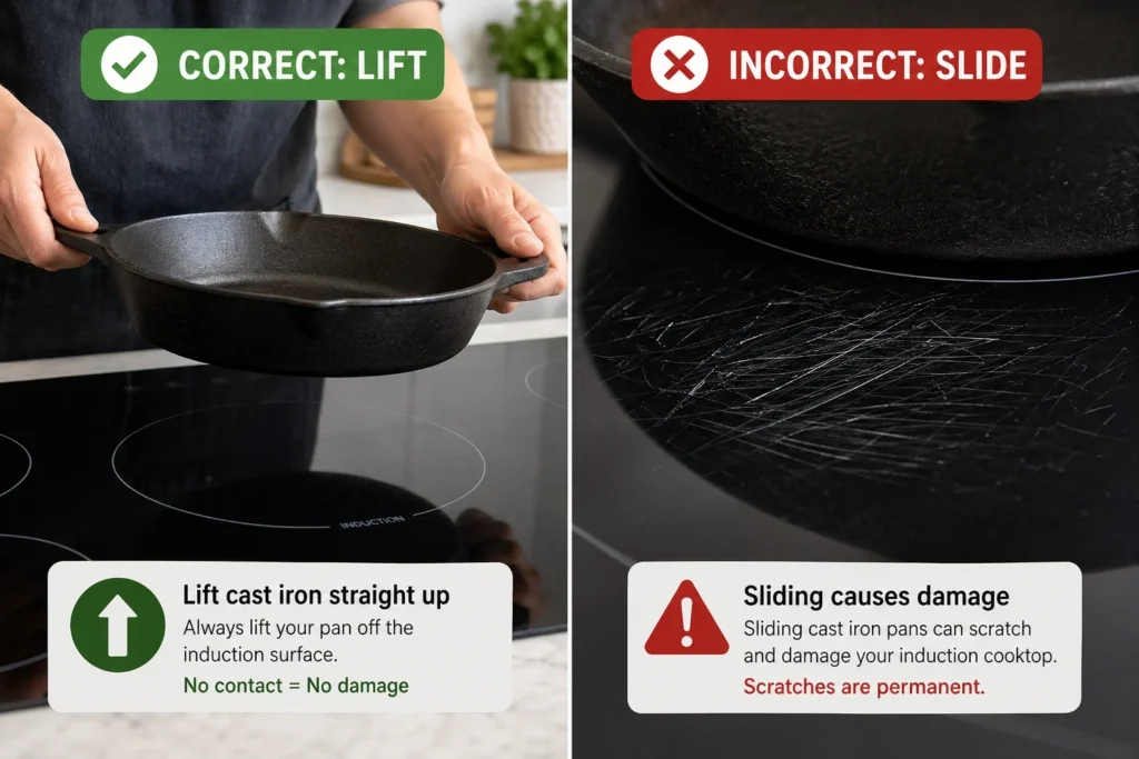Cast iron on induction correct handling - always lift never slide to prevent micro-abrasions on ceramic glass surface, even half-inch drag with rough-bottomed cast iron creates visible scratches over time