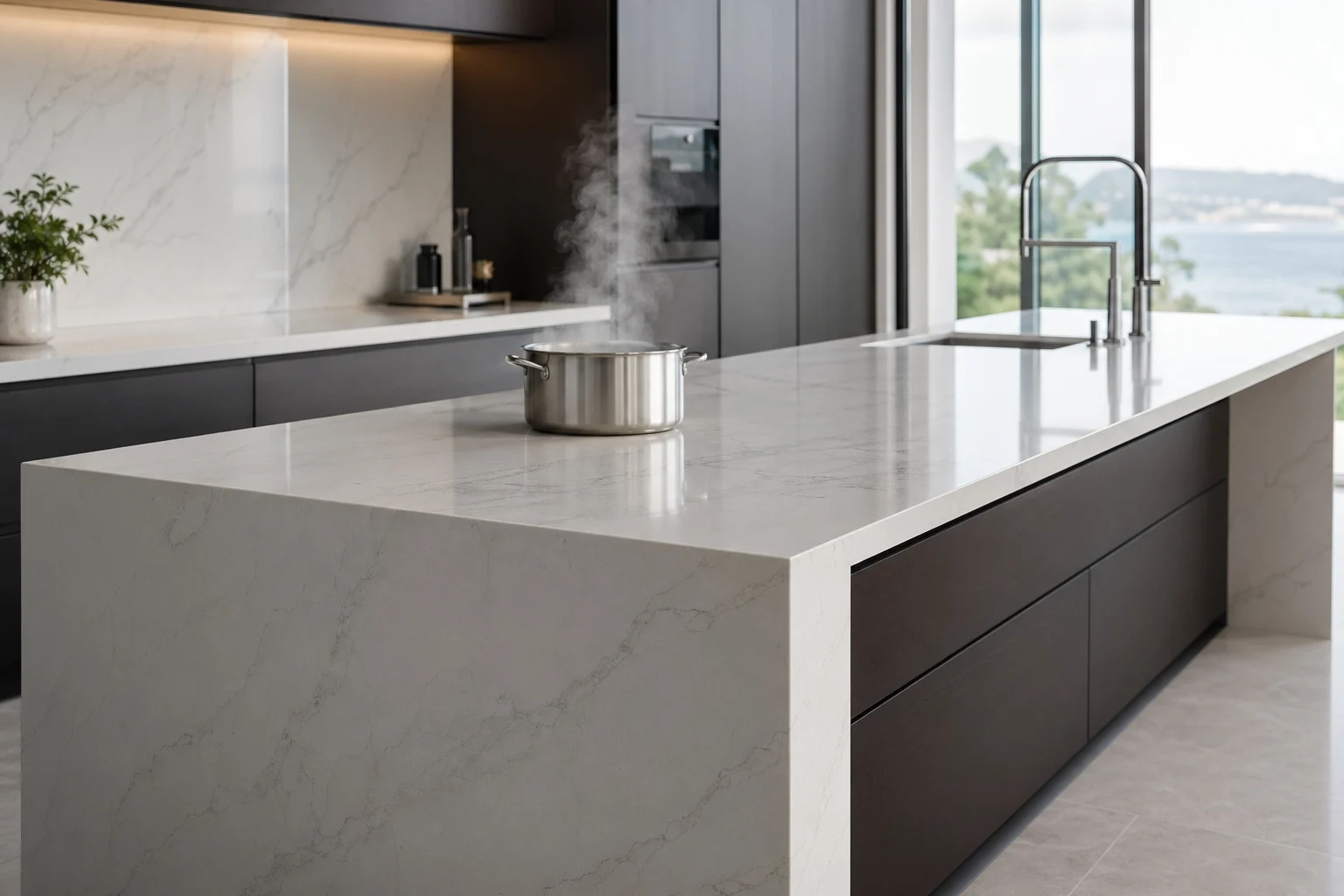 Invisible induction cooktop installed beneath continuous kitchen island countertop - no visible burners or glass zones, electromagnetic modules hidden under porcelain slab for seamless minimalist design