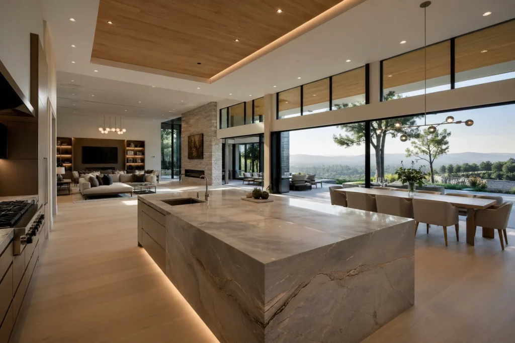Open-plan home with invisible induction kitchen island - continuous slab surface reads as furniture-grade architecture not appliance zone, preserving visual calm sightlines from living and dining areas